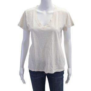 Leallo Women V-Neck Basic T-Shirt Short Sleeve Beige Cotton Size M